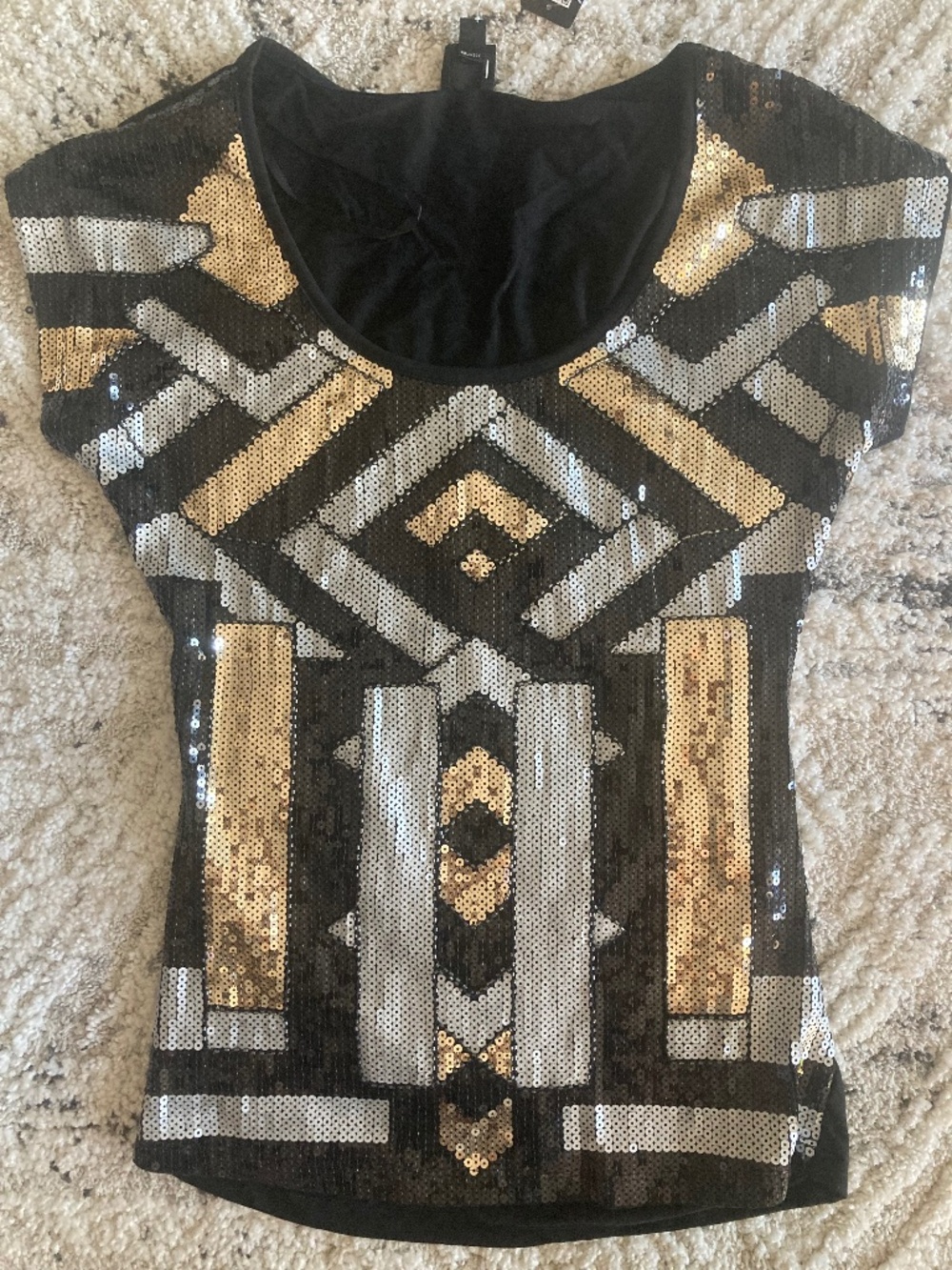 NWT Bebe 2b black silver gold sequin studded beaded top